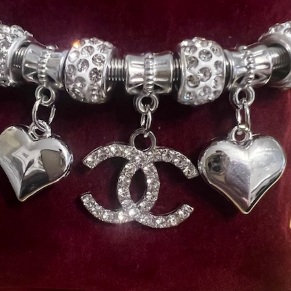 CHANEL Silver Heart and Logo Charm Bracelet